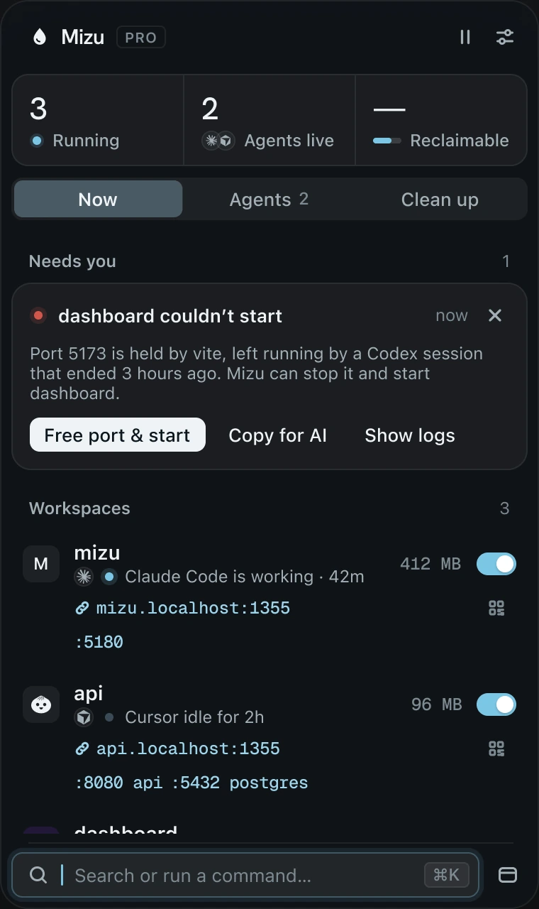 The Mizu panel: 3 running, 2 agents live. Needs you says dashboard couldn’t start because port 5173 is held by vite, left by an ended Codex session, with Free port & start. Below, the mizu and api workspaces with their local links.