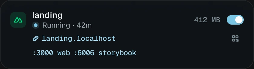 The landing workspace in Mizu, running for 42 minutes, with its link landing.localhost and ports :3000 web and :6006 storybook.